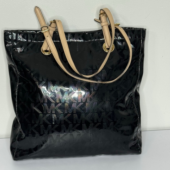 Michael Kors Medium Leather Tote in Black Patent Leather with tan handles and go - Picture 1 of 14